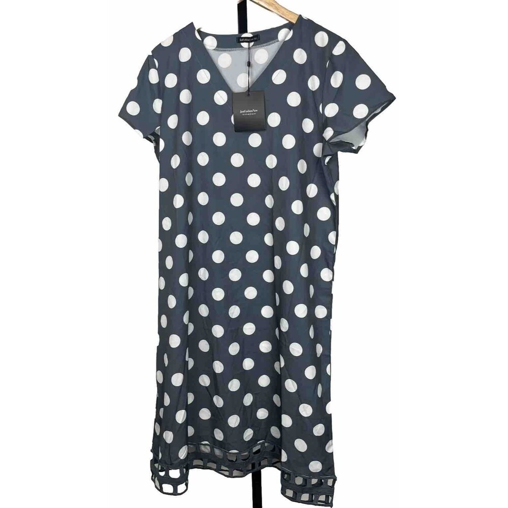 Just Fashion Now Dress Short Sleeve Cutโ Out Crochet Hem Gray Polka Dot XL NWT